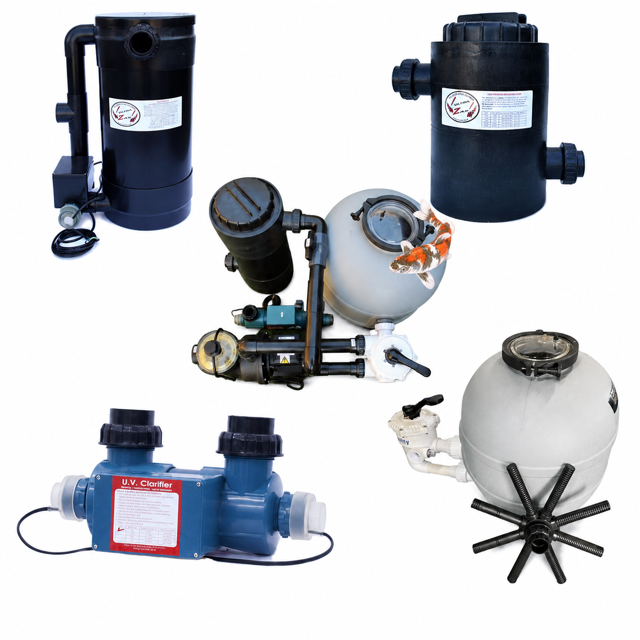 Koi pond filtration systems including pressure filters, gravity filters, pond pumps, UV clarifiers and bio filtration equipment.
